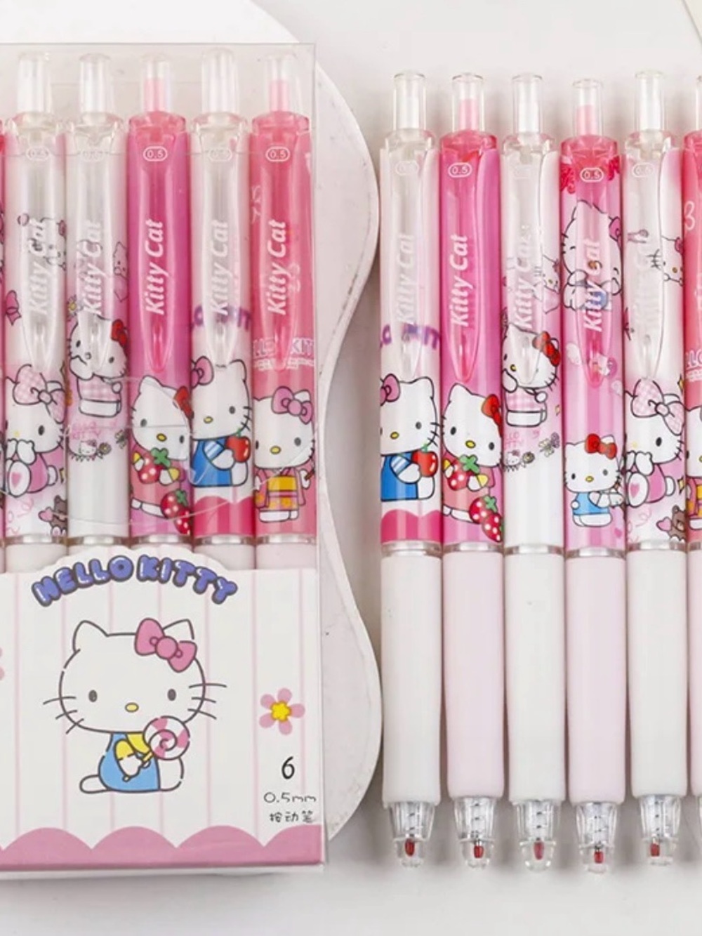 6 Hello Kitty 0.5mm gel ink rollerball Pen Set featuring pink, and white- NEW